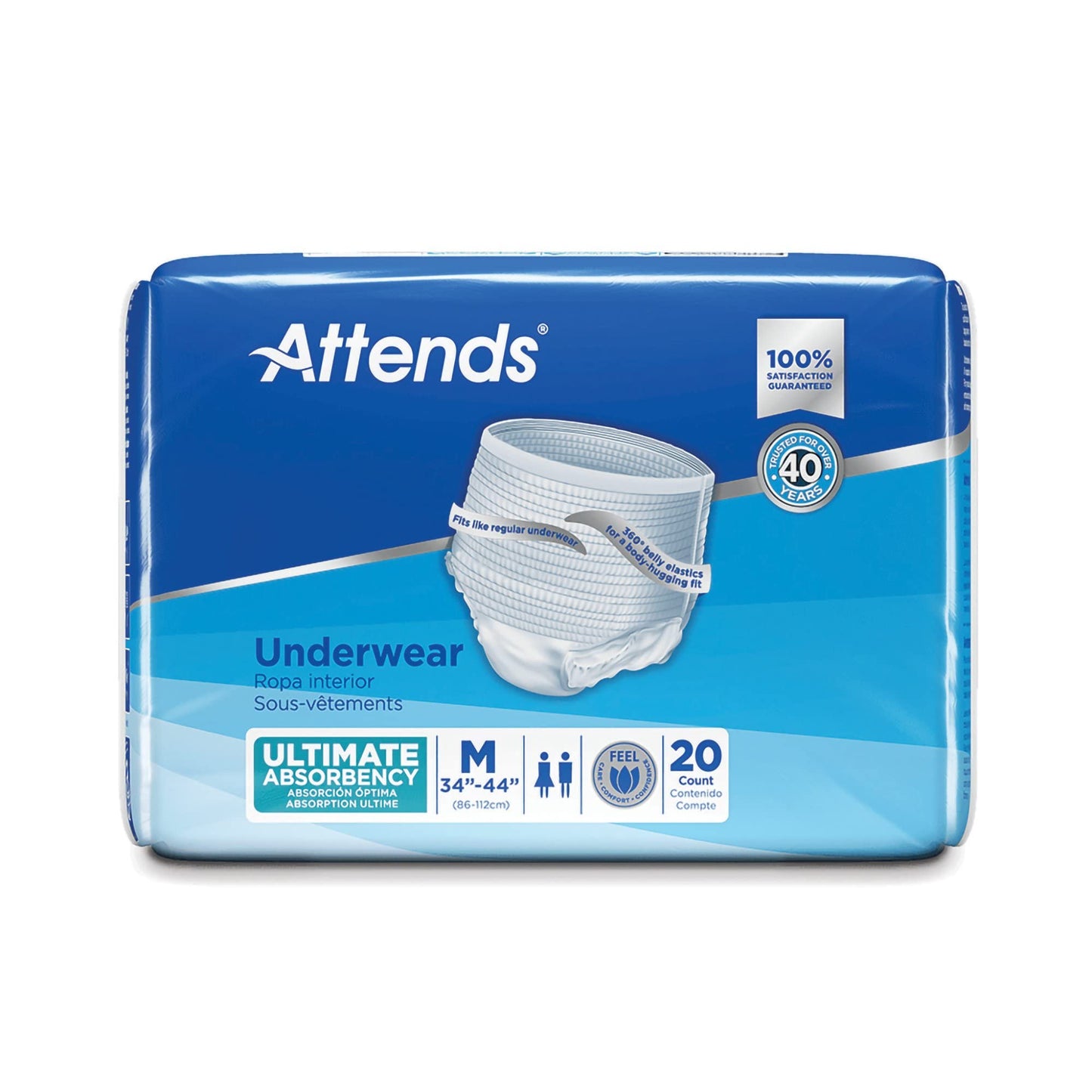 Attends Underwear for Adult Incontinence Care with Quick-dry Channels, Ultimate Absorbency, Unisex, Medium, 20 Count (x4)