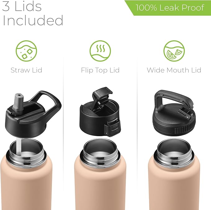 SipX™ Triple-Insulated Stainless Steel Water Bottle 40oz. With 3 Lids, BPA-Free Reusable Insulated Water Bottle Keeps Cold 24 Hours, Metal Water Bottle Made Of Sustainable Material For Hiking & Biking