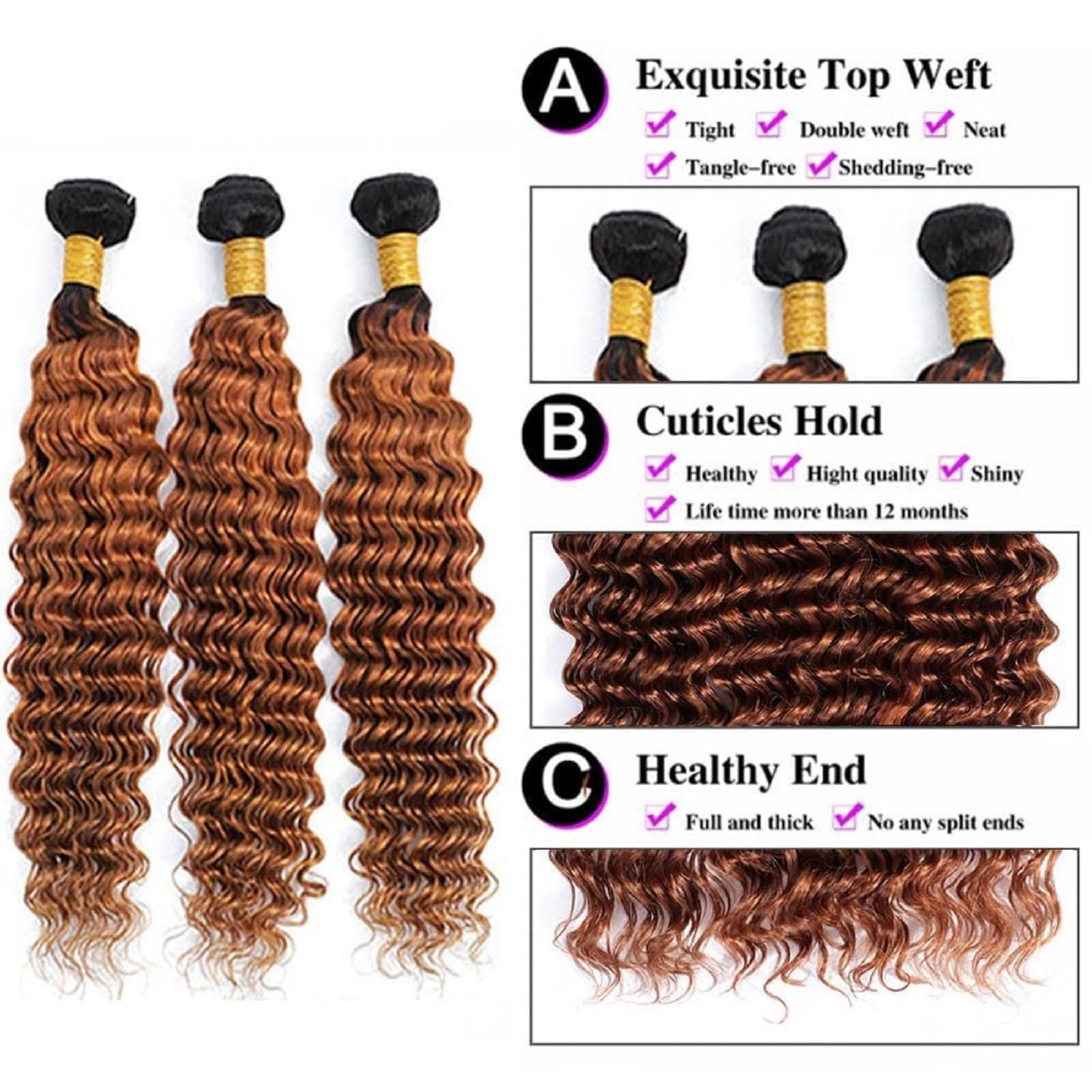 Peenoll 16 18 20 Inch Curly Water Wave Human Hair Bundles Omber Chocolate 30 Weave Bundles Human Hair 12A Unprocessed Brazilian