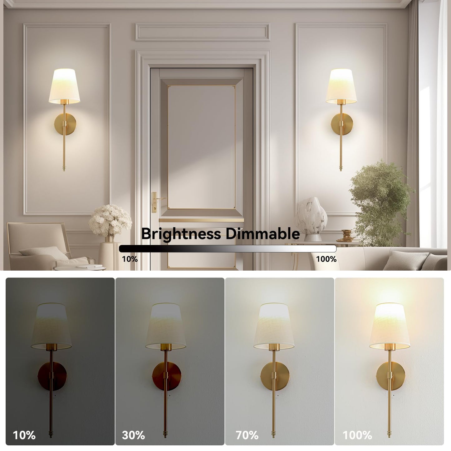 Rizzyluz Battery Operated Wall Sconce Set of 2, Gold, Dimmable, Metal, Model MB-DC16-2 GD, Rechargeable with Remote Control