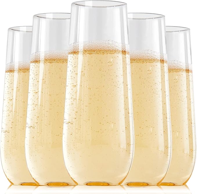 FOCUSLINE 24 Pack 9 Oz Clear Plastic Champagne Flutes, Stemless Plastic Champagne Glasses Clear, Heavy Duty Toasting Glass...