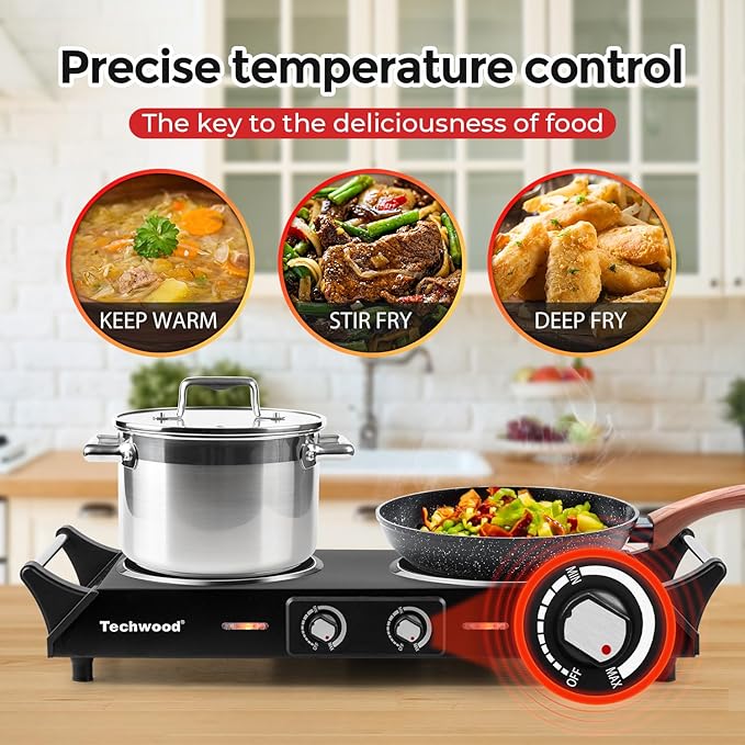 Hot Plate, Techwood 1800W Electric Stove, Countertop Double Burners for Cooking, Infrared Ceramic Dual Cooktops, Brushed Stainless Steel, Black