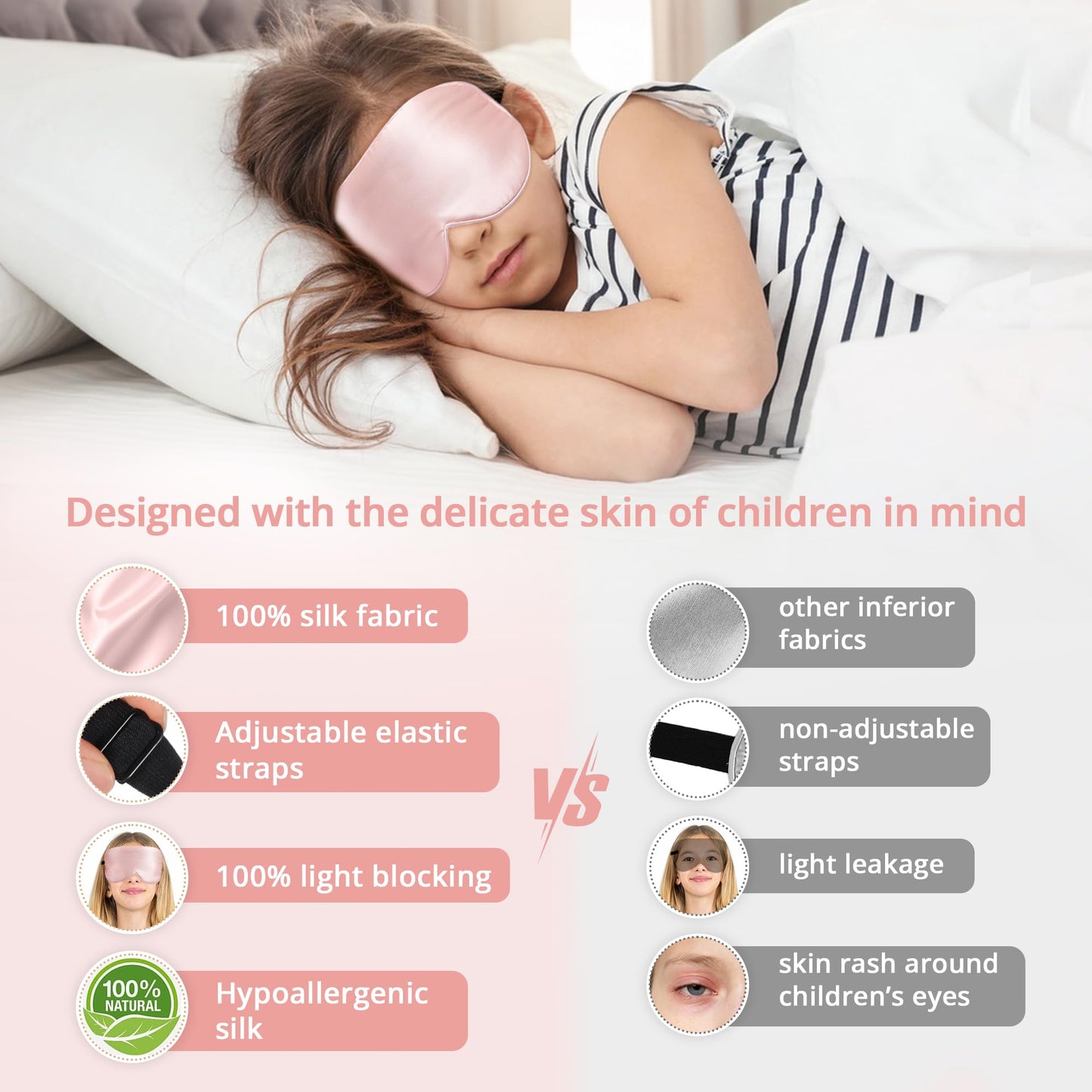 Pyopbow Kids Sleep Mask Eye Cover, 100% Real Natural Pure Silk Eye Mask with Adjustable Strap, Blindfold Kids Eye Mask for Sleeping, Eye Shade for Boys Girls and Adult, Pressure-Free Comfort (Pink)