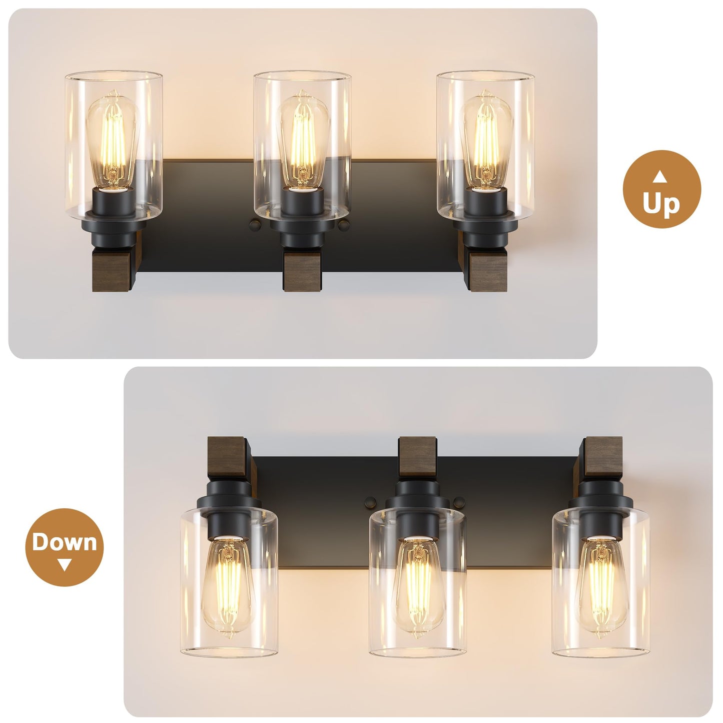 Farmhouse Bathroom Vanity Light Fixtures  Rustic 3-Light Wood Vanity Lights For Bathroom  Vintage Black Wall Sconces Lighting  Light Fixtures Over Mirror  With Glass Shade