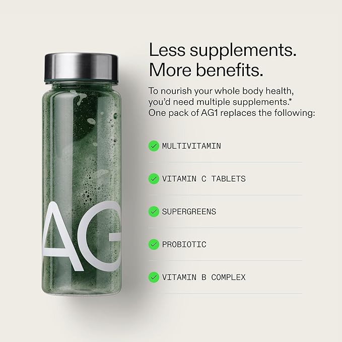 AG1 Greens Powder Supplement | Improve Gut Health | Multivitamin, Probiotic, Gluten Free, Vegan and Keto Friendly | 75 Vitamins Athletic Greens (Travel Packs, 30 Count) - No Shaker