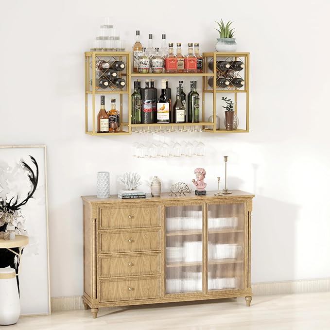 Wall Mounted Wine Rack, Multi Functional Bar Shelves for Liquor Bottles with Glass Holder, Modern Metal Bar Shelves Wall Mounted for Home Bar, Kitchen (Gold, 47.3" L x 9.9" W x 23.6" H)