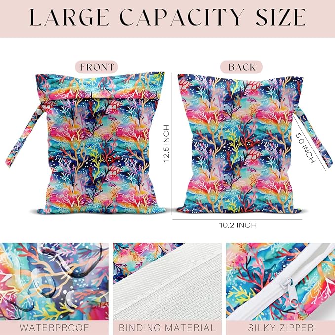 Wet Bag for Swimsuit, Beach Travel Essentials Wet Dry Bag, for Sunscreen Toiletry Dirty Clothes Yoga Gym Diaper, Friends Summer Beach Vacation Gifts. Colorful coral
