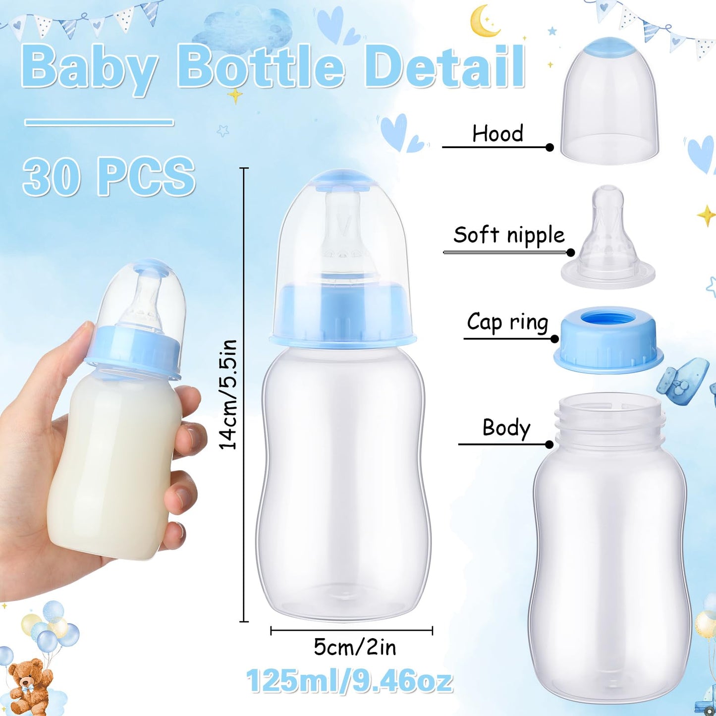 SiliFine 30 Pcs Baby Shower Favors Party Game Mini Baby Bottles Gift Sets for Boy Girl Gender Reveal Birthday Party Supplies Gift (Blue)