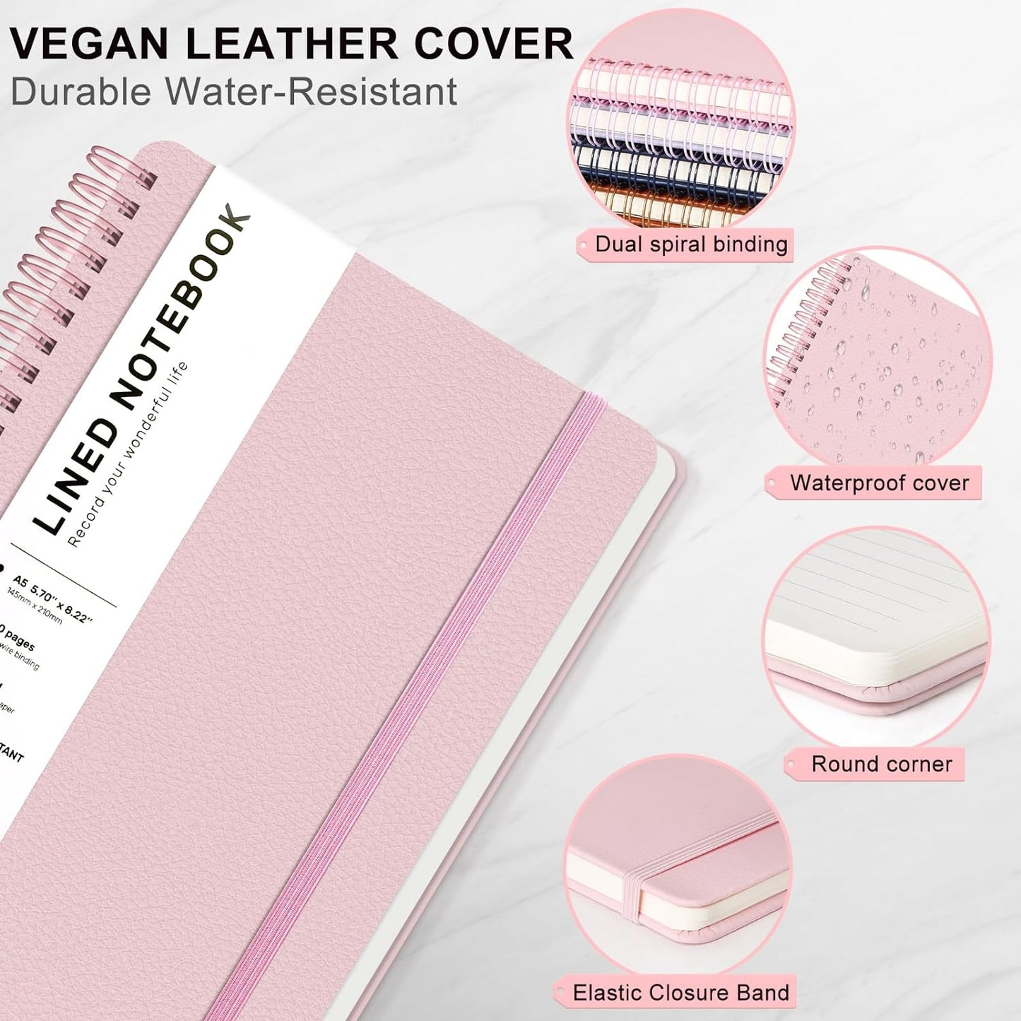 Lined Spiral Journal Notebook, A5 Hardcover Leather Notebook for Work, 5.7''×8.2'', 100GSM Thick Paper Spiral Bound Journaling Notebooks for Women & Men Office School Note Taking Business, Pink