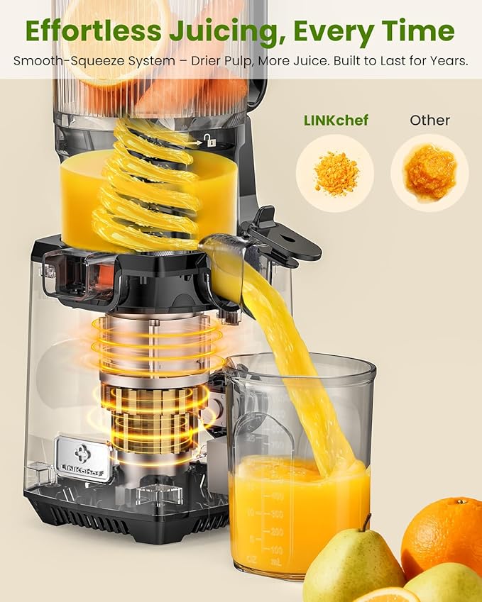 LINKChef Cold Press Juicer Machines, 130mm Diameter and 1.8L Capacity Juicers Whole Fruit and Vegetable, 250W Masticating Slow Juicer with Automatic Cutting, BPA-Free Tritan