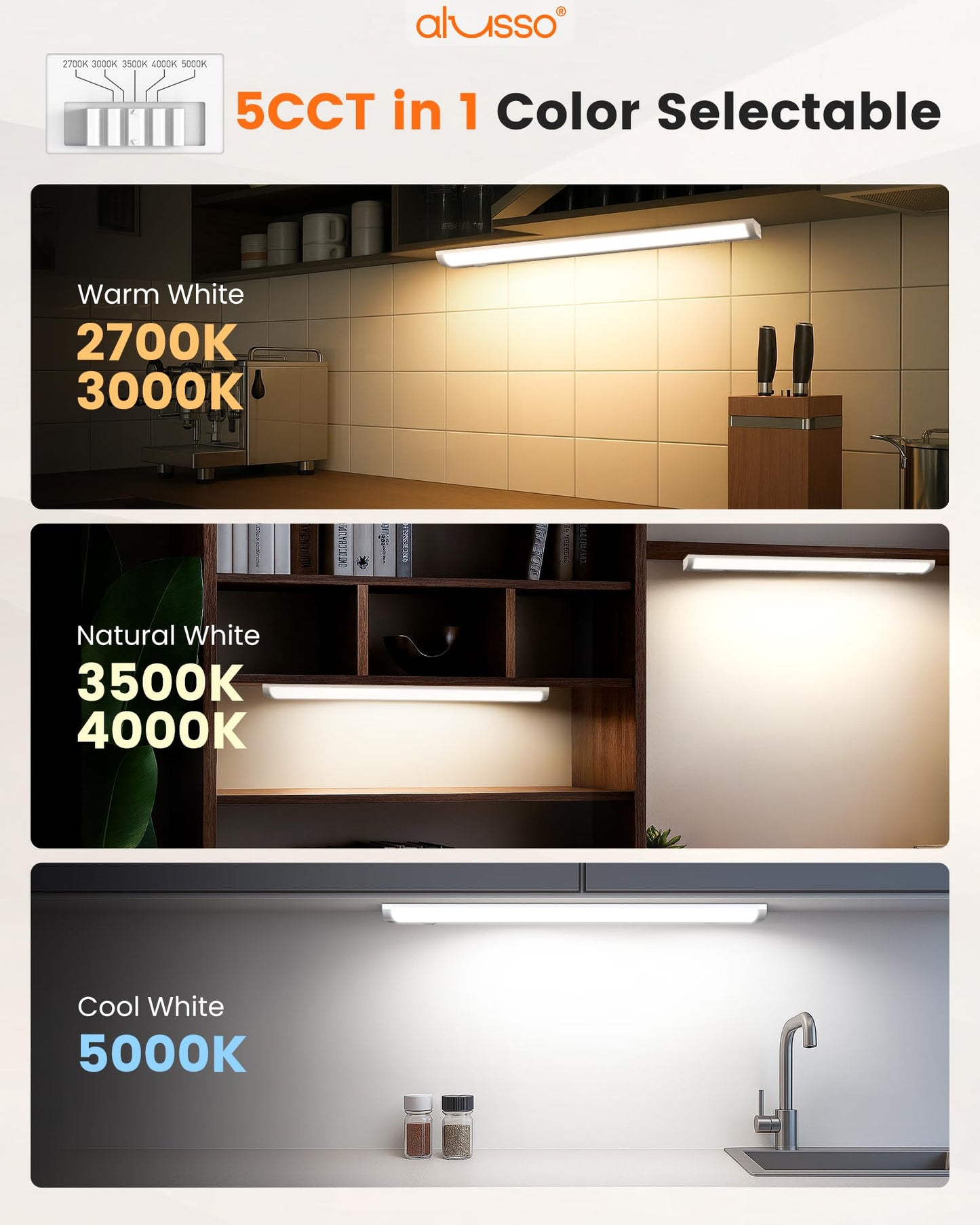 Alusso Lighting?24 Inch Led Under Cabinet Lighting Hardwired & Plug In  5Cct Color Selectable 2700K-5000K Dimmable 15W 1350Lm High Brightness  Linkable Strip Under Counter Lights For Kitchen  2 Pack