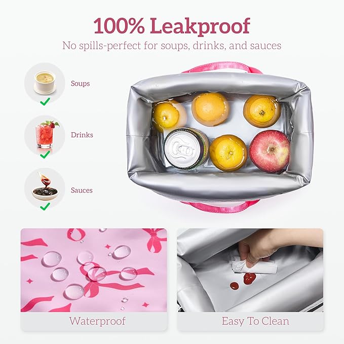 Lunch Bag Women Insulated Lunch Box,Cute Large Lunch bags,Reusable Leakproof Cooler Bag with Adjustable Shoulder Strap for Men Adult Work Office Picnic Hiking Pink bow