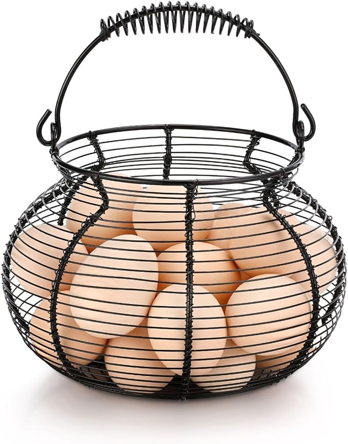 Flexzion Round Wire Basket - Chicken Egg Holder & Fruit/Vegetable Basket, Black, Rustic Farmhouse Style with Handle