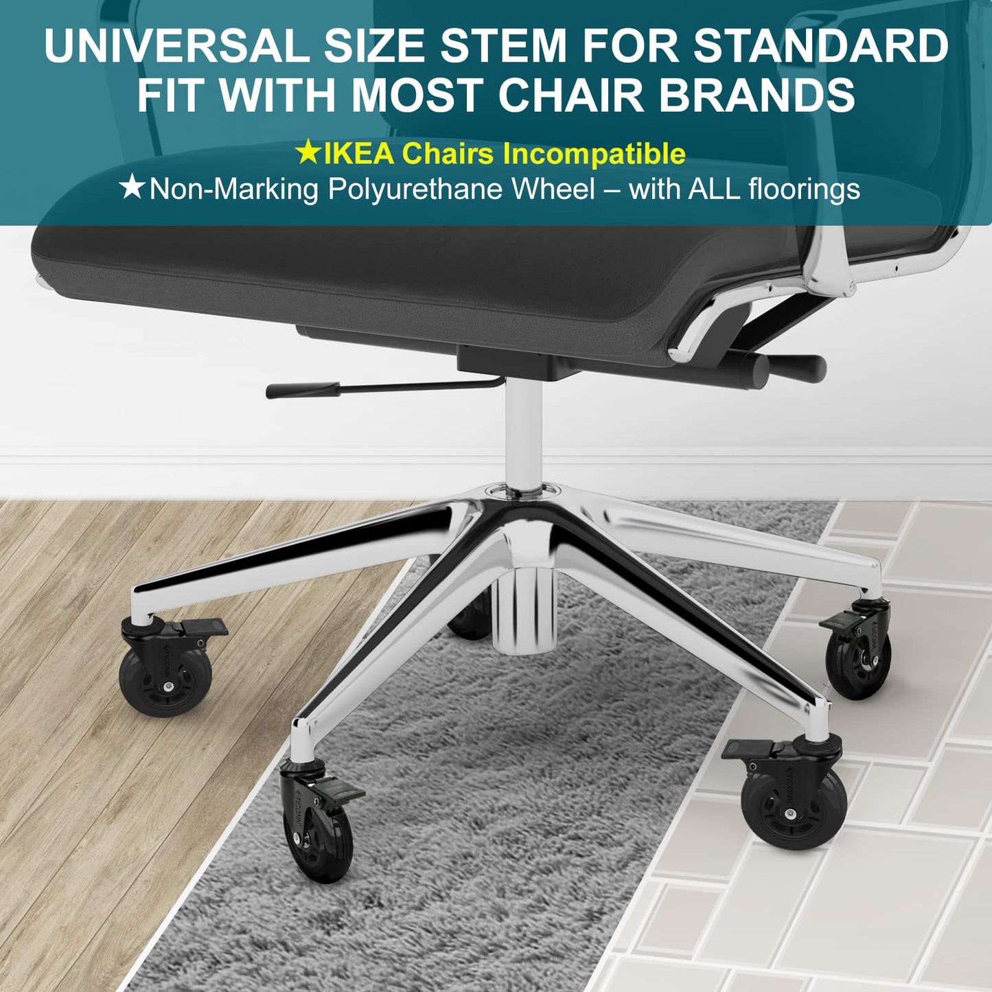 TICONN Office Chair Caster Wheels Set of 5 for Tile, Hardwood Floors and Carpets, Universal Fit for Most Chairs (Black with Brake)