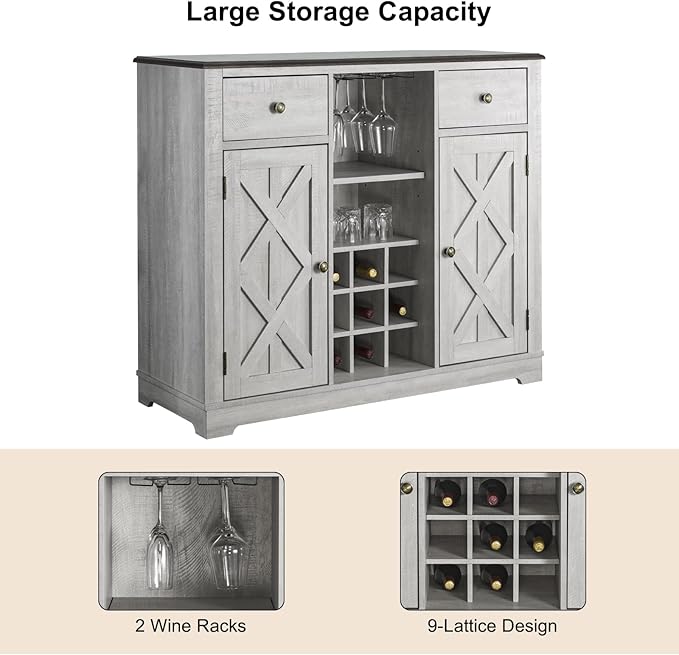 Rustic Wine Cabinet with Wine Rack and Lattice, Sideboard Buffet Cabinet with Drawers, Multifunctional Storage Cabinet for Kitchen, Dining Room, 47 Inch (Off-White)