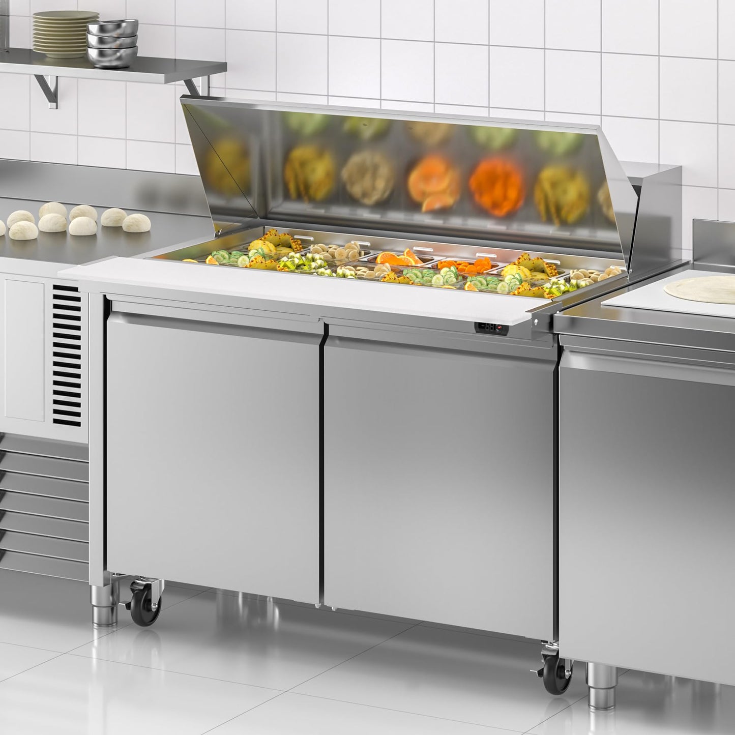 Rockitch 48" W Commercial Refrigerator Sandwich Salad Prep Table, 13.8 Cu.ft 2 Door Commercial Stainless Steel Mega Top Food Prep Fridge with 18 Pans, Salad Prep Station for Restaurant, Bar, Shop