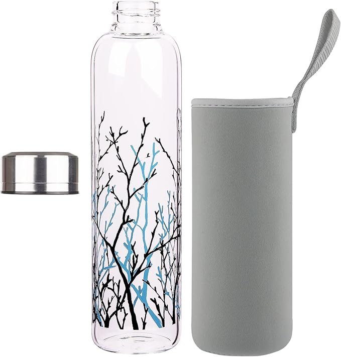 Borosilicate Glass Water Bottle, Sports Glass Drinking Bottle with Neoprene Sleeve and Stainless Steel Lid 16oz / 32oz (16oz, Tree Branches)