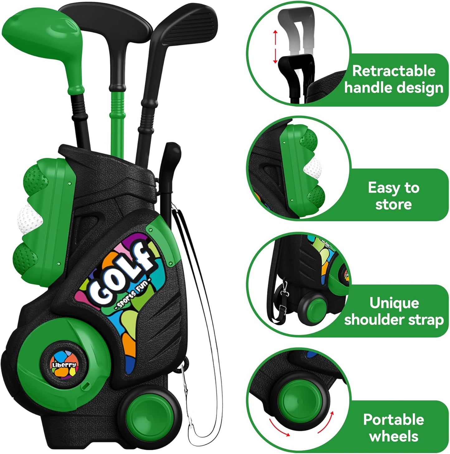 Liberry Toddler Golf Set for Boys Girls Age 2 3 4, Upgraded Kids Golf Cart with Shoulder Strap Design, Outdoor Indoor Sports Toys for Birthday, Black