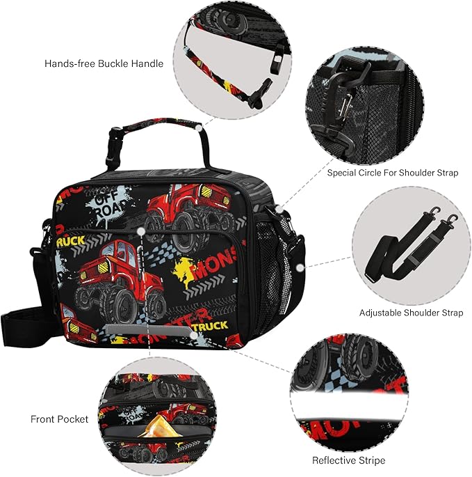 Monster Truck Car Lunch Bag Insulated Lunch Box, Reusable Cooler Lunch Tote Bags Food Container for Boys Girls Kids