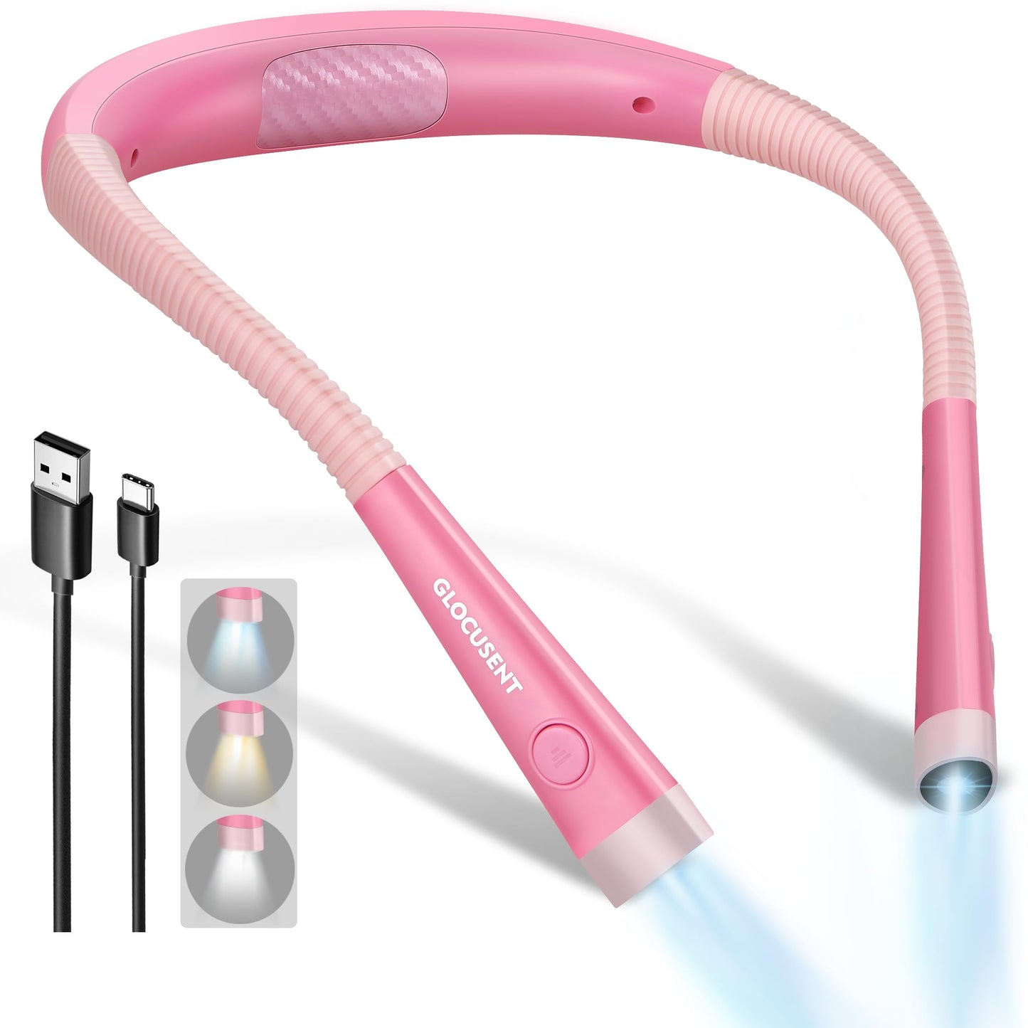 Glocusent Book Light, 3-Color & 6-Brightness, Medium, Pink, Model GLCSNTBL001, Rechargeable, Bendable Neck, Perfect for Reading and Knitting