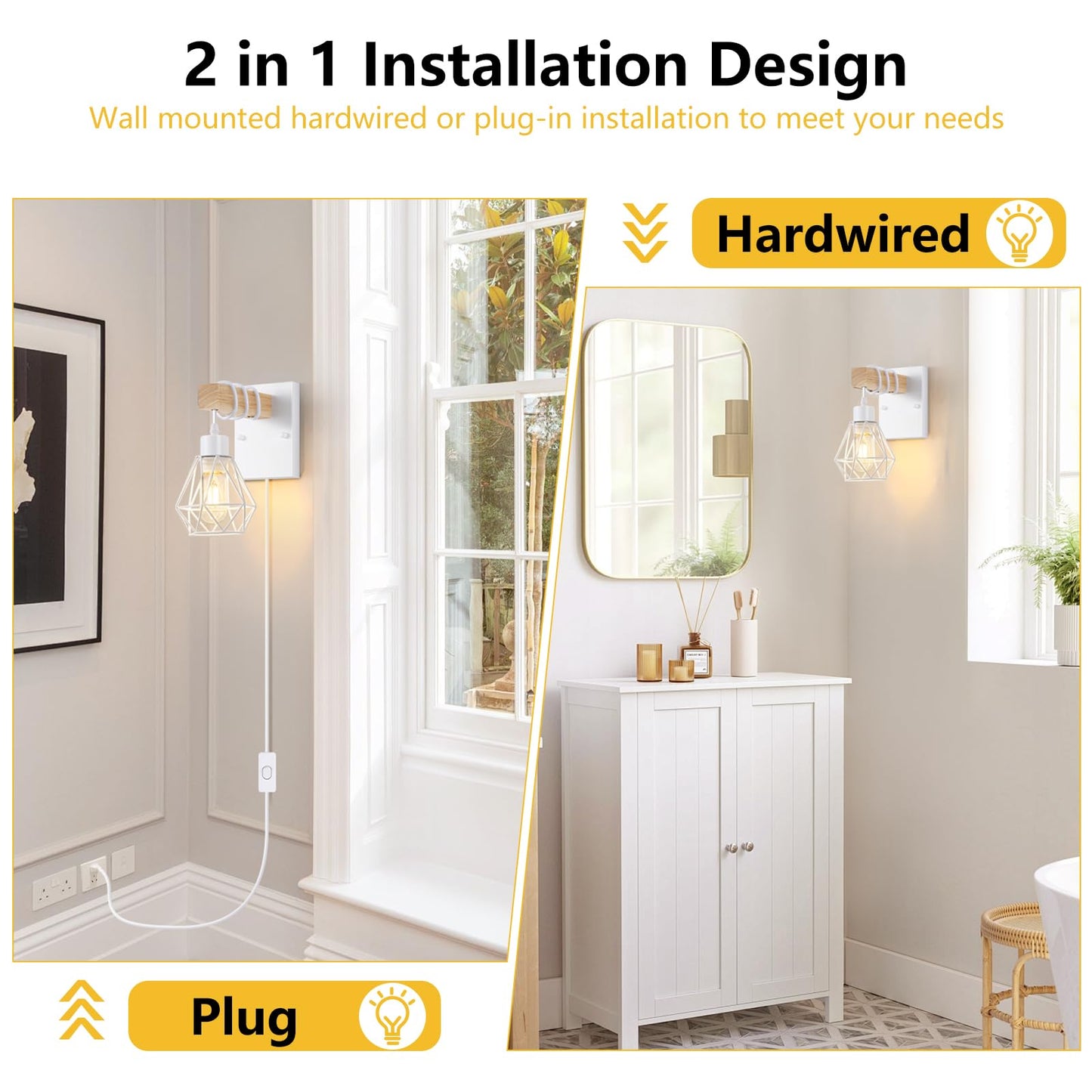 Lomoky White Plug In Wall Sconces Set Of Two  Modern Wall Lights With 5.25Ft Plug In Cord  Wooden Bedside Wall Lamps With Metal Shade  Industrial Wall Lighting Decor For Living Room  Hallway  Stairs