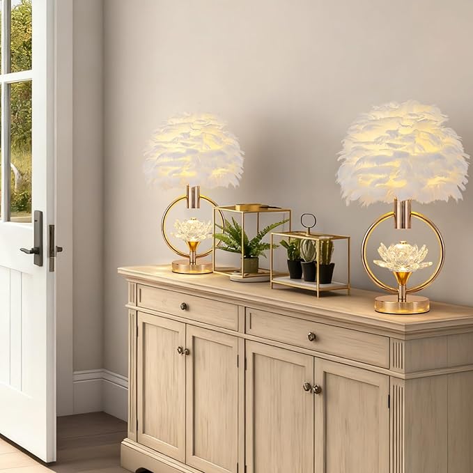 ZYLEIESENBAO Chic White Feather Lamp 17IN Modern Crystal Fluffy Table Lamp Cute Romantic Bedside Nightstand Light Nordic Furry Desk Lamp for Girl Bedroom Living Room Entry Office Hotel Party Wedding