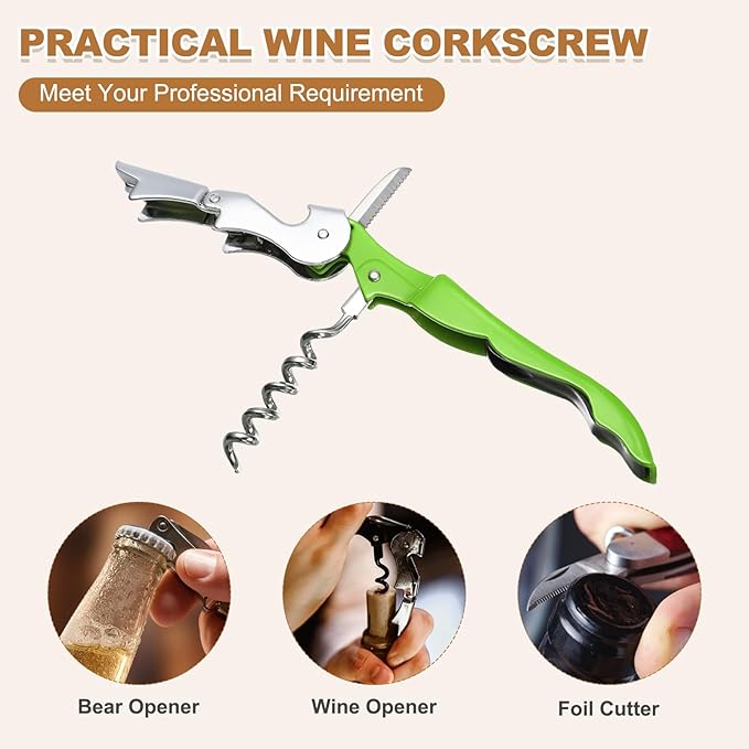 uxcell 4 Pcs 4.8" Stainless Steel Wine Opener, Waiter Corkscrew Professional Wine Key Bottle Opener with Double Hinged Foil Cutter for Bar Servers Waiter Bartender and Home, Green