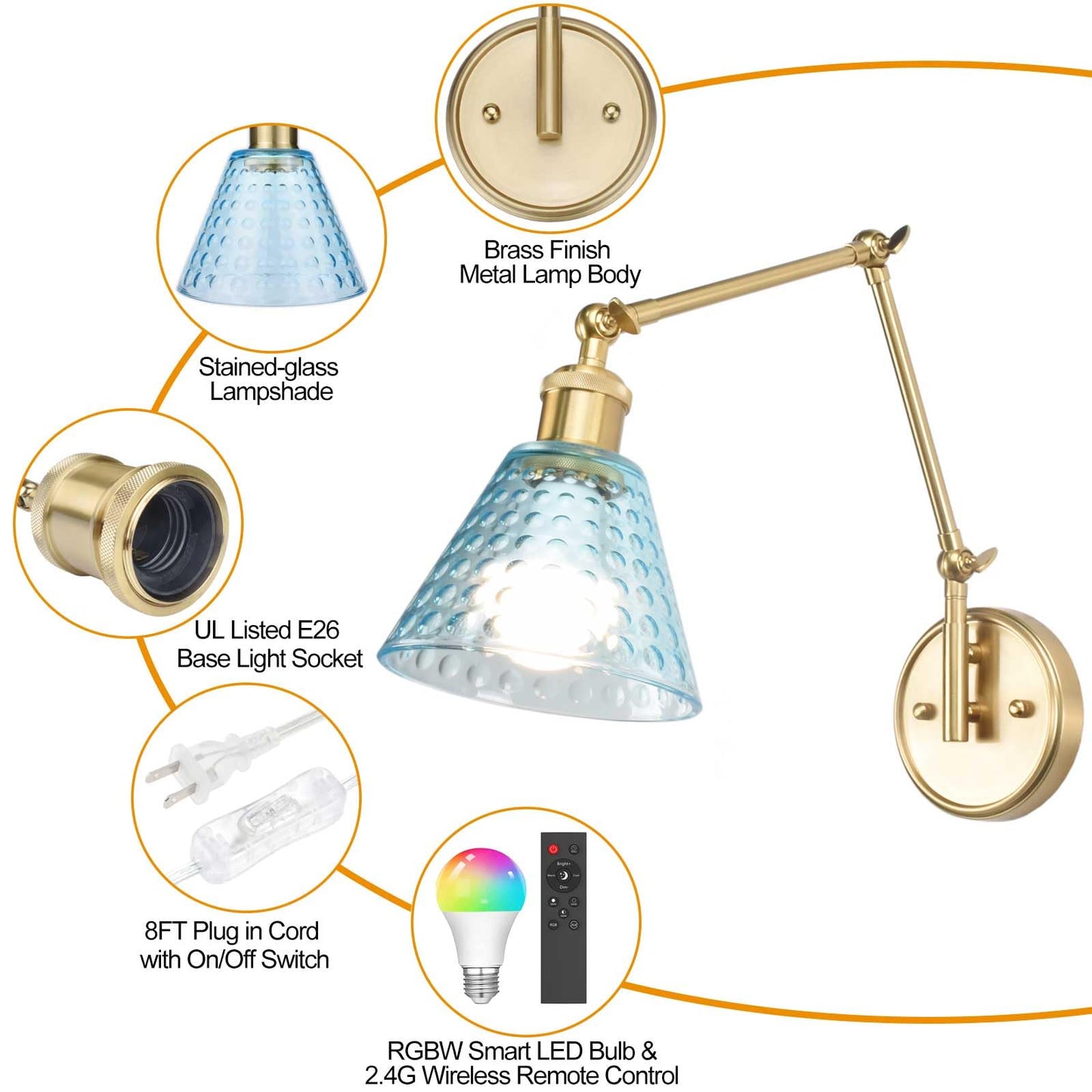 BARSUNS Swing Arm Wall Sconce Set of 2, Metal, Gold & Blue, Adjustable Brightness, Remote Control, Model BS-WL351YB-B2