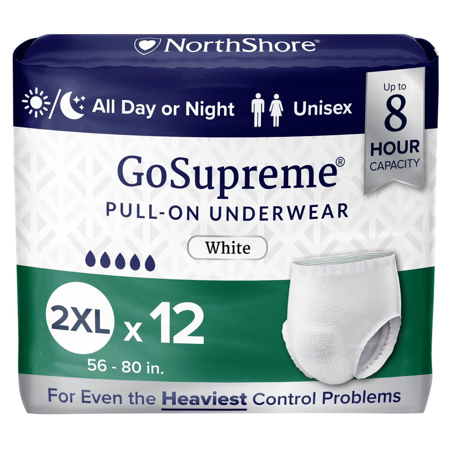 NorthShore GoSupreme Overnight Pull-On Underwear, 8-Hour Leak Protection, 2X-Large, 12-Count Bag, White, (56-80 in Waist), Unisex Adult Diapers