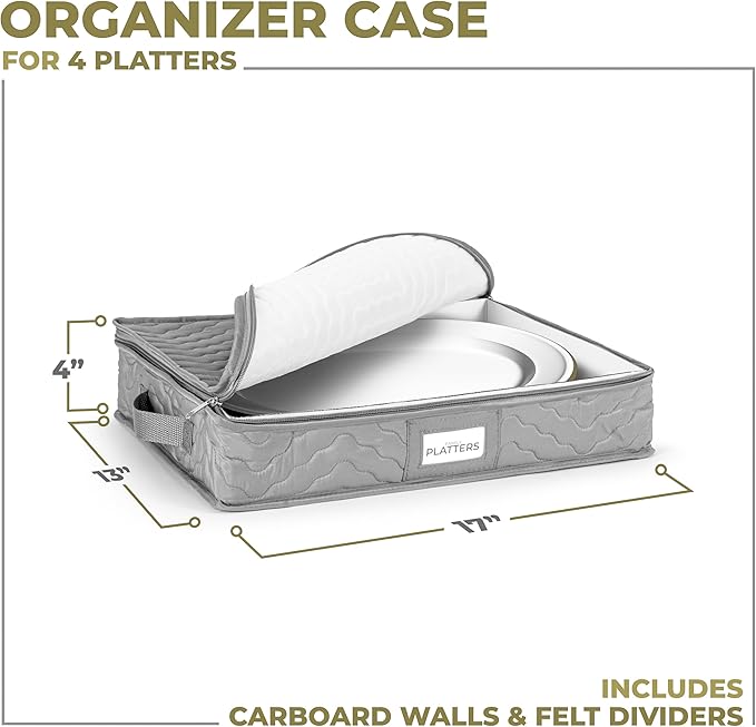 China Serving Platter Organizer - Quilted Exterior, Handles & Felt Dividers - Perfect for Packing Dishes
