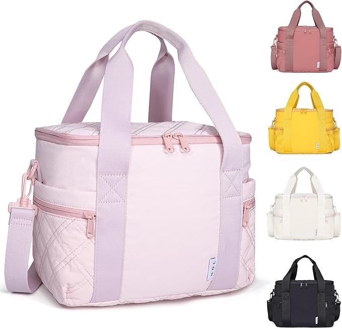 NOL Natural Organic Lifestyle Women's Nylon Lunch Cooler Cute Quilted Lunch Bag Large Leakproof Insulated Lunch Tote Bag for Work Picnic Travel,Pink