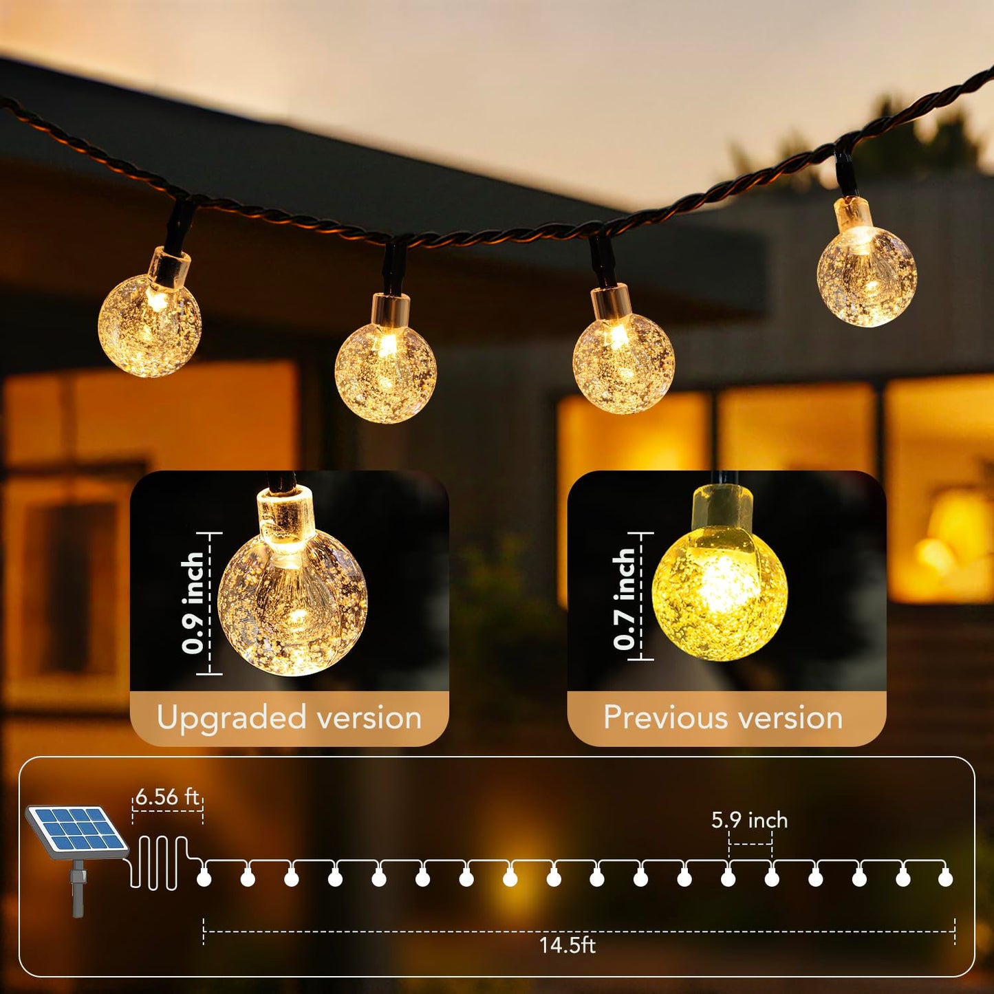Metaku Solar String Lights, 20FT 30 LED Warm White Crystal Globe, Outdoor Patio Lights, 8 Lighting Modes, Plastic