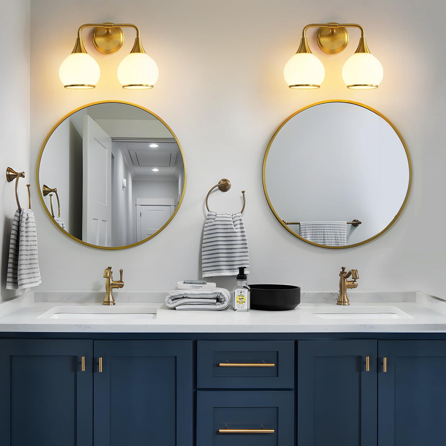 Hahzt Brushed Gold Bathroom Light Fixture, 2-Light Vanity Sconce, Milky White Frosted Glass Shade, Model 8033Ml