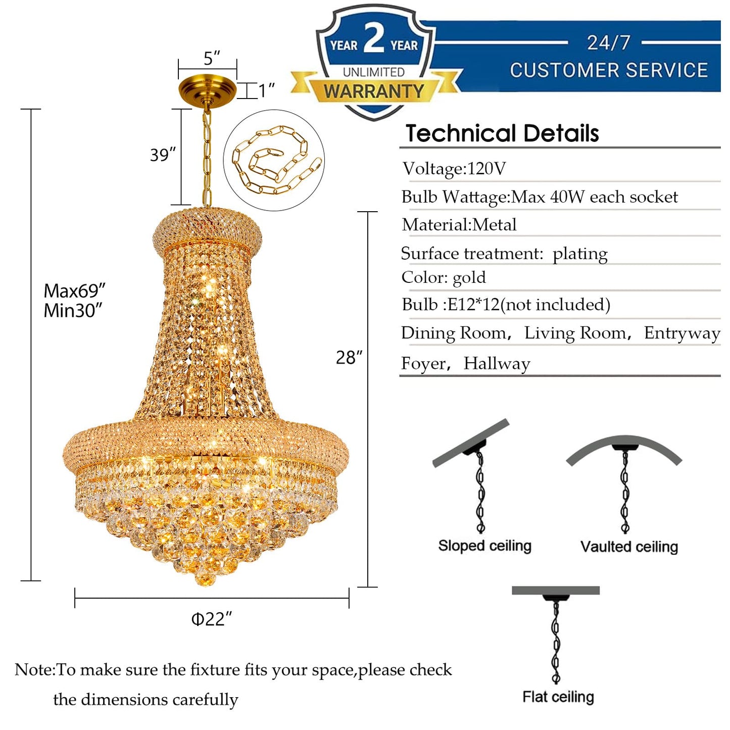 Gifarich Crystal Chandeliers For Dining Room Light Fixture Empire Style K9 Crystal Chandeliers For Entryway 12 Lights Gold stylish Lighting Fixtures For Living Room Stairway Bedroom Foyer D22 Inch