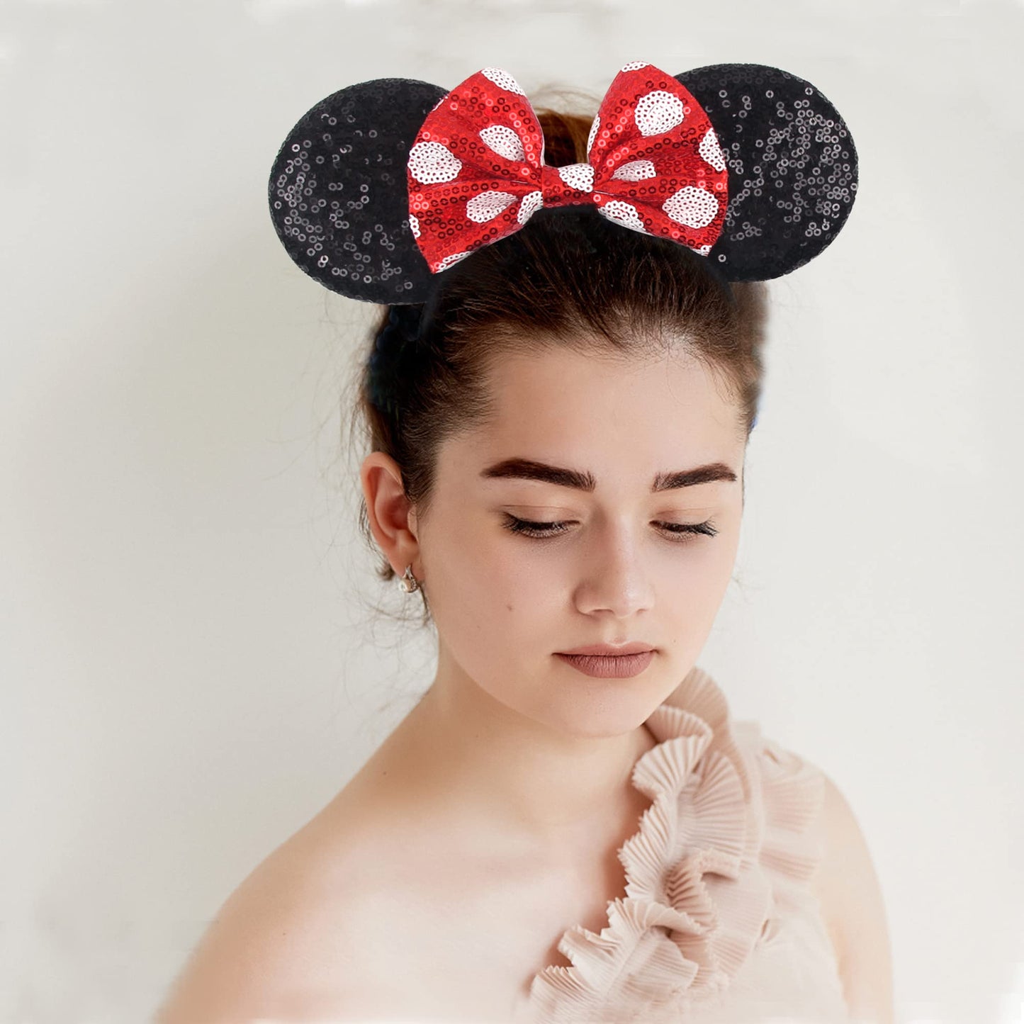 zhezesmila Mouse Ears Headband with Pink Flower Bow Scrunchies Rapunzel Princess Ears Headband Party Costume Hair Accessories He
