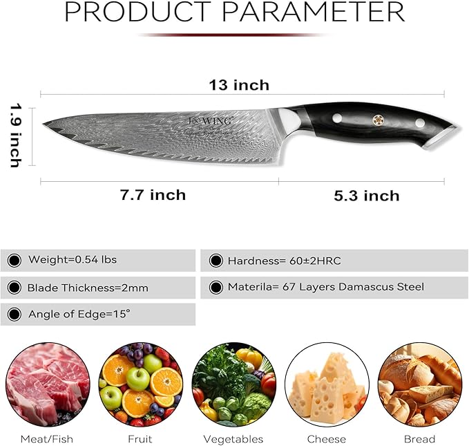 High Carbon Stainless Steel 8" Japanese Chef Knife, VG10 Steel Damascus Kitchen Knife, Professional Black Forged Kitchen Knives with Ergonomic Handle