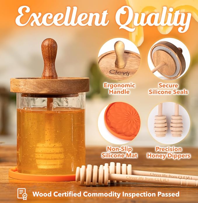 12 oz Honey Pot Set with Silicone Mat, Airtight Wooden Lid, 2 Extra Dippers & Custom Gift Box | Glass Container Honey Jar for Honey & Syrup | Durable & Stylish Kitchenware Food Storage