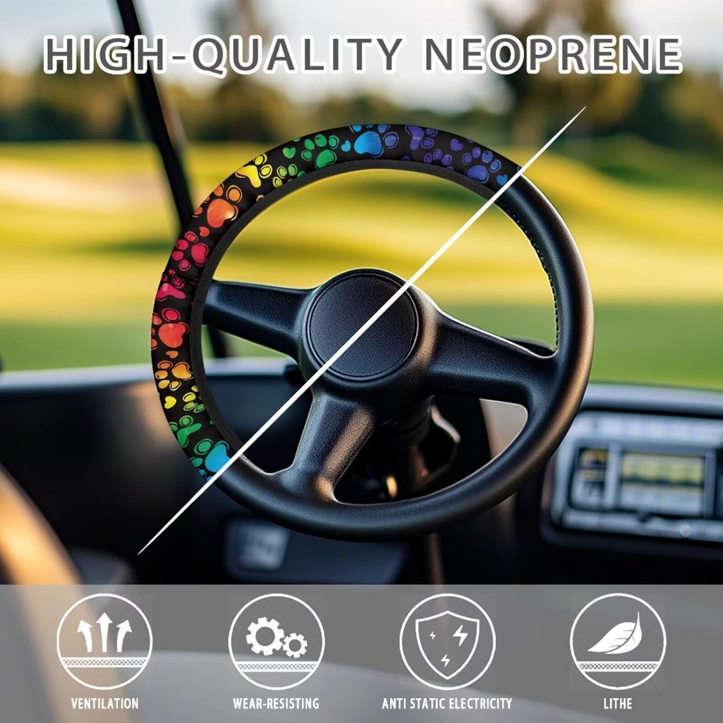 Neon Dog Paw Golf Cart Steering Wheel Cover 13-14 Inch Anti-Slip Golf Cart Steering Wheel Covers Stretchable Accessories for Club Car, Easy to Use and Clean