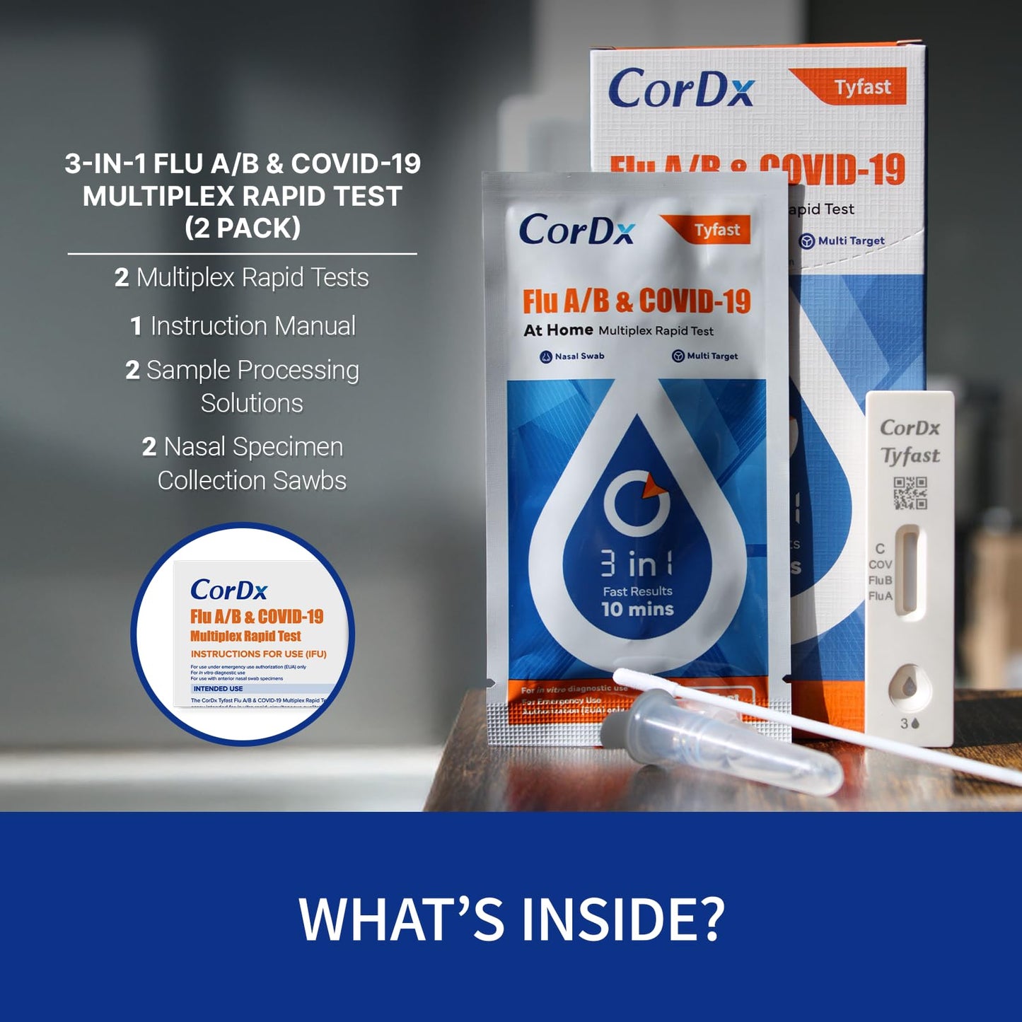 CorDx TyFast Flu A/B & Covid 19 Multiplex Rapid Test, 10 Mins at Home, EUA Authorized, 3 in 1 Combo Kit, 2 Tests