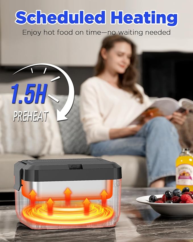 Cordless Electric Lunch Box for Adults – 1.2L Stainless Steel Self-Heating Lunch Box with 20000mAh Removable Rechargeable Battery, Portable Heated Food Warmer for Work, Travel & Office(black