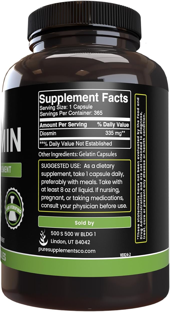 PURE ORIGINAL INGREDIENTS Diosmin (365 Capsules) No Magnesium Or Rice Fillers, Always Pure, Lab Verified