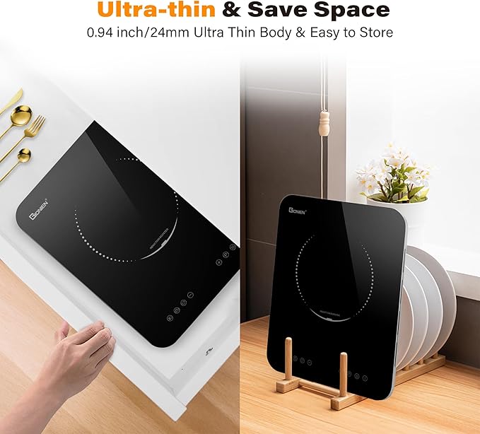 GIONIEN Portable Induction Cooktop 1200W,Single Hot Plate Countertop Burner 110~120V,Sensor Touch Electric Cooker,10 Power,0.94”Ultra Thin,6.69” Heating Coils,Child Safety Lock,Timer