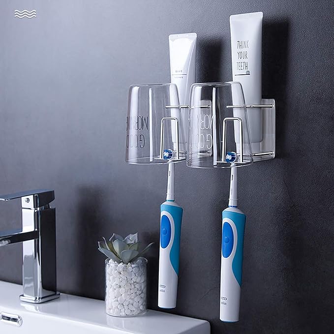 HANZE Toothbrush Holder 304 Stainless Steel Adhesive Wall Mounted 3 in 1 with Toothbrush Holder Toothpaste Holder and Cup Holder for Bathroom Shower, 2 Pack(Black)