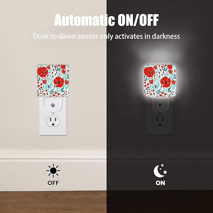 Red Morning Glory Night Light, Dusk to Dawn Smart Sensor Night Light for Bedroom Bathroom Kitchen Hallway Stairs Hallway, Plug-in, Energy Efficient Decor Desk Lamp Gifts