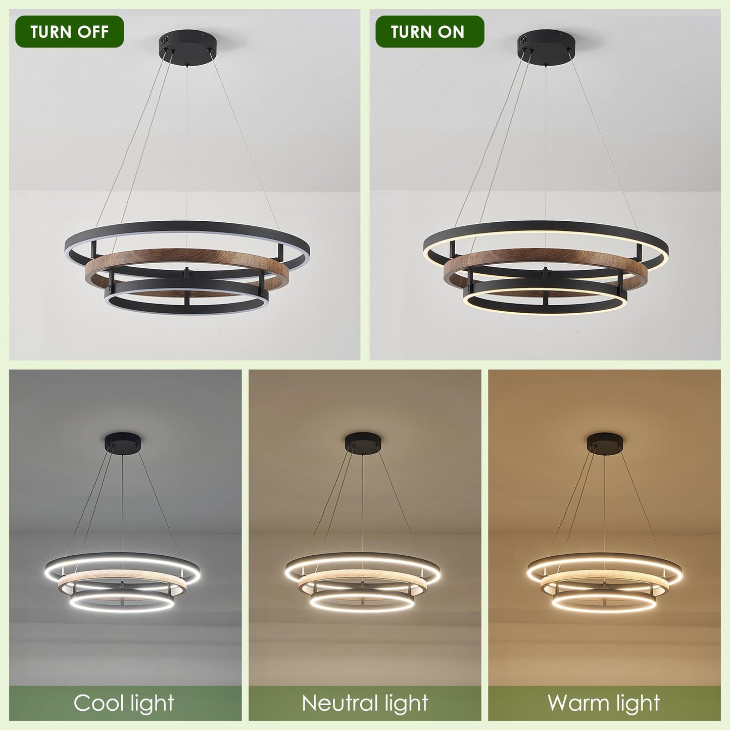 Benkut Modern LED Chandelier Pendant Light Black Dimmable 3 Rings 23.6 in Metal for Dining Room & Kitchen, Model BENKUT-D236-MODERN-BLACK