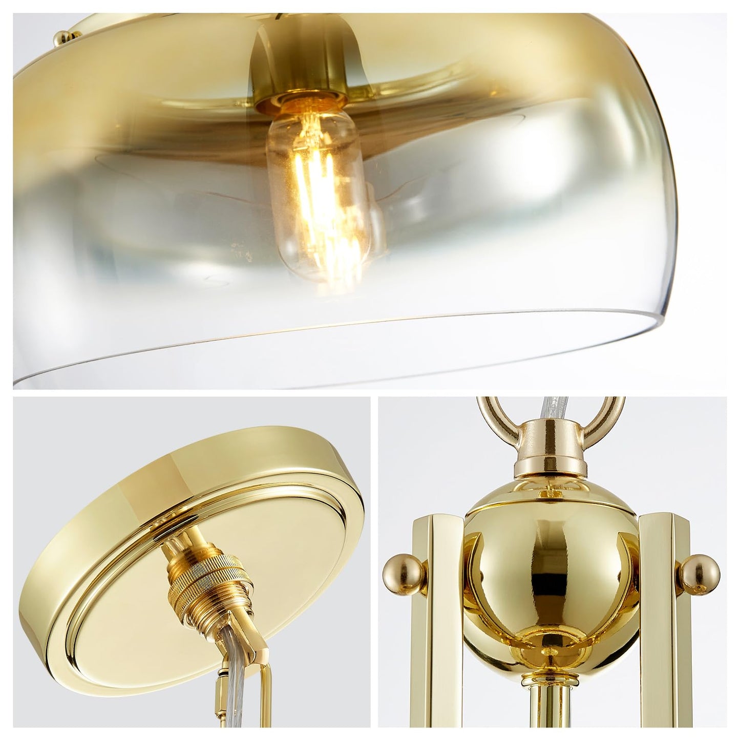 WUZUPS Gold Chandelier Pendant Light Fixture, Gradient Glass Shade, 17inH x 13.4inW, Metal, Model USHD9607PB, Rustic Farmhouse Style