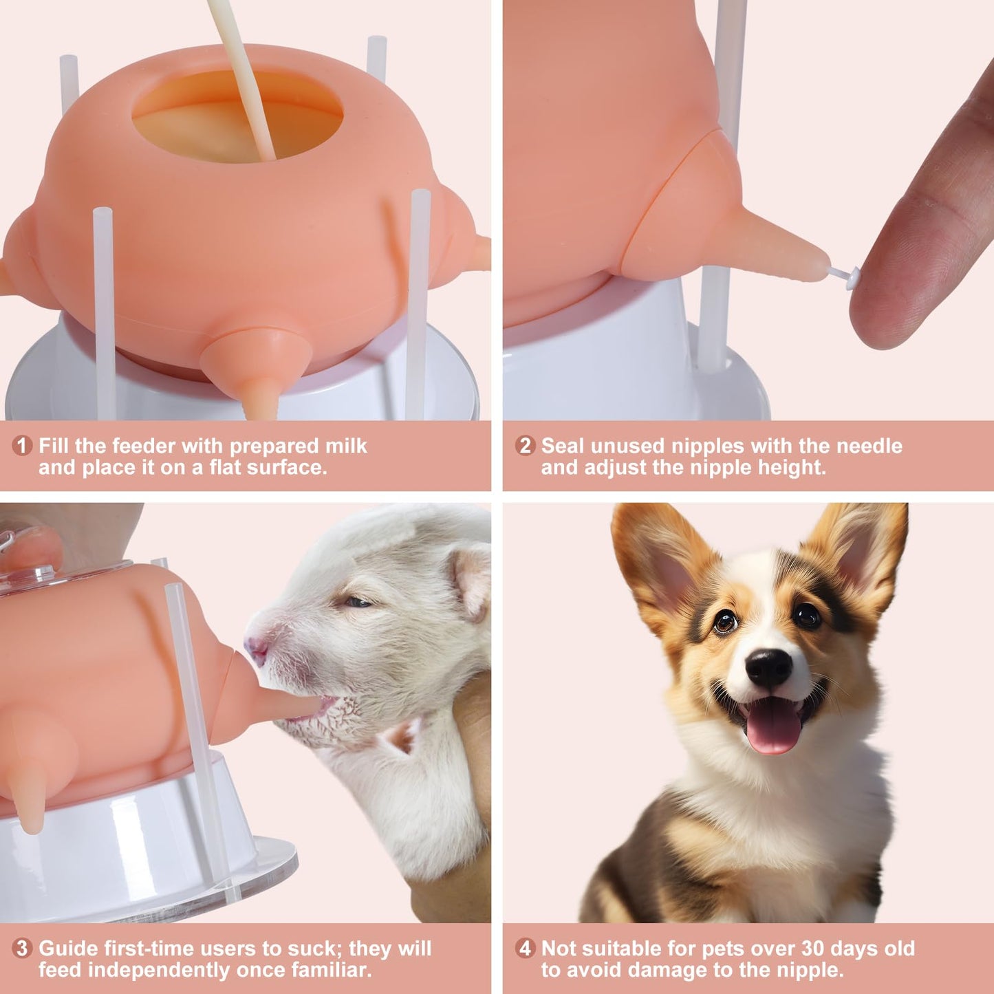 Elevonix Nursing Nipple Puppy Feeders for Multiple Puppies, 200ml Food-Grade Silicone with 4 Adjustable Detachable Nipples, Smooth Flow Nipple for Kitten Bottle Feeding Kit(Pink)