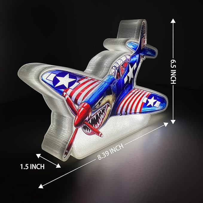 American Shark Fighter Warplane Night Light Up Box for Boy Kids Teens Gifts USB Powered Lamp Lightbox Bedroom Room Wall Hanging Art Table Desk Decorations Decor Sign