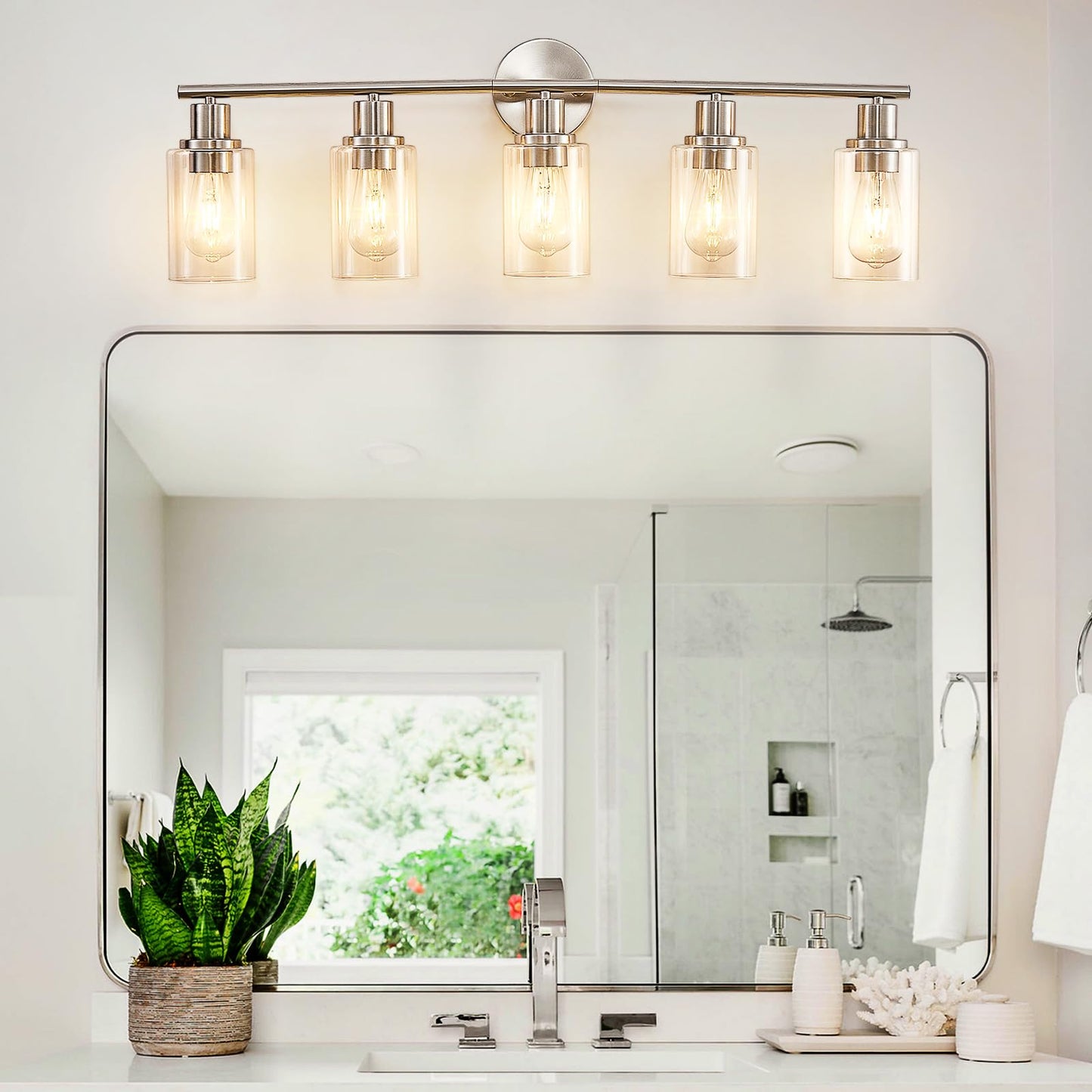 DINGLILIGHTING 5-Light Bathroom Light Fixtures, Brushed Nickel, Metal, Clear Glass Shade, Modern Vanity Lights for Mirror, Kitchen, Hallway