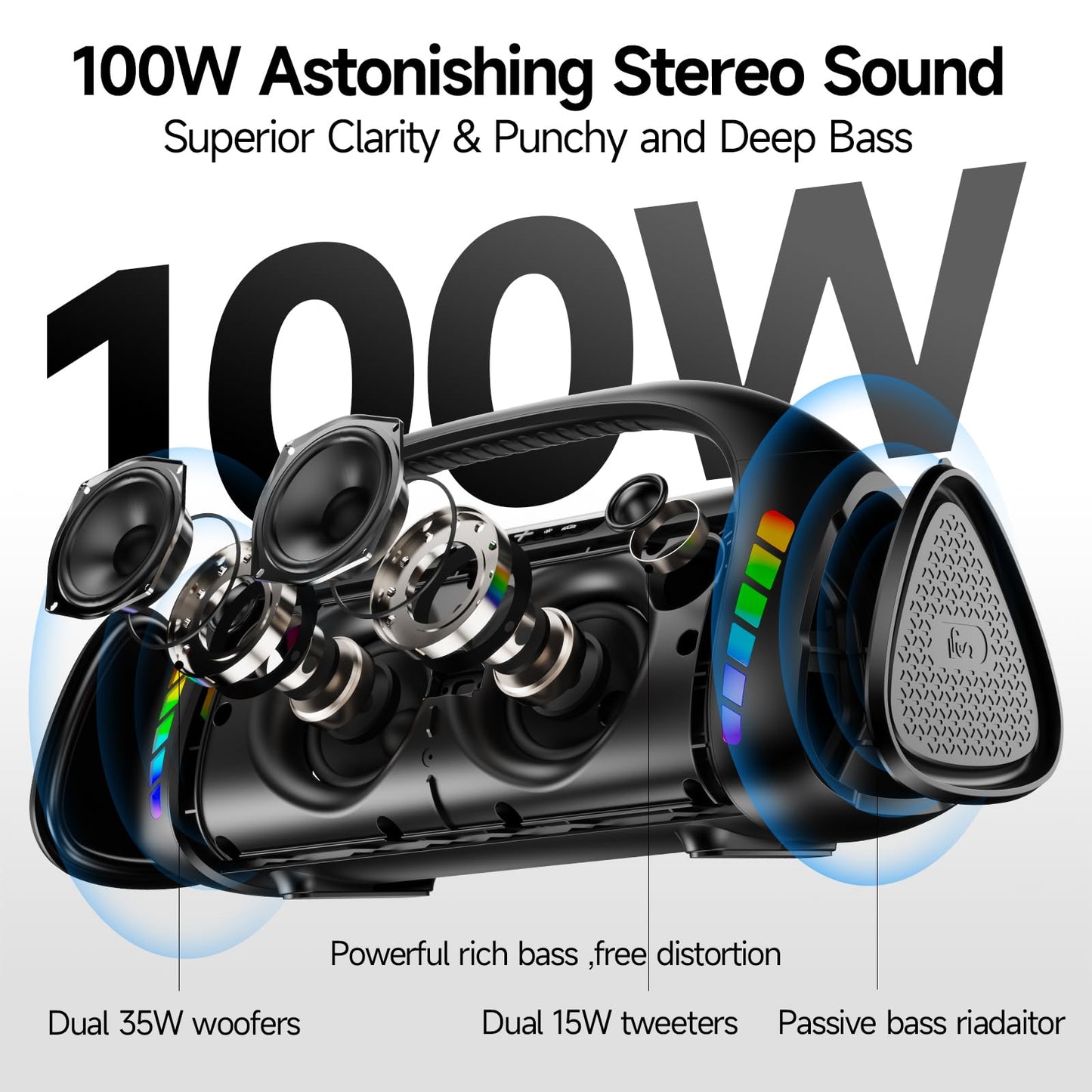 Lfs Bluetooth Speaker,100W Rms Loud Speakers Bluetooth Wireless With Deep Bass, Led Lights, Ipx6 Waterproof, 30H Playtime, Porta